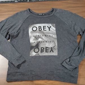 OBEY WORLDWIDE Graphic Sweater Grey Women's‎ Large Sweatshirt Rounded Neck